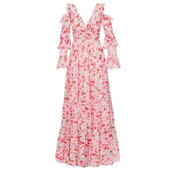 Mac Duggal Ieena Floral Gown 6 Backless Plunge Tiered Ruffled Coquette Twee - Picture 10 of 14